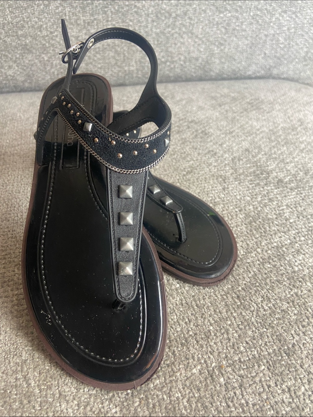 Women's Black Grendha Studded T-Strap Sandals with Ankle Buckle size 7